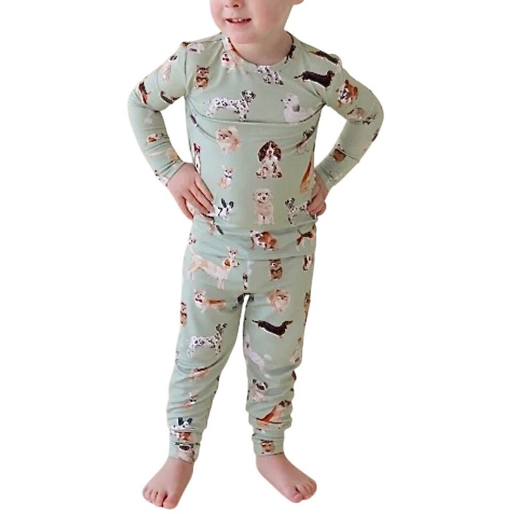 Posh Peanut Bamboo Puppies 2pc Pant Pajama Set Green 3T-4T Whimsygoth Cottage